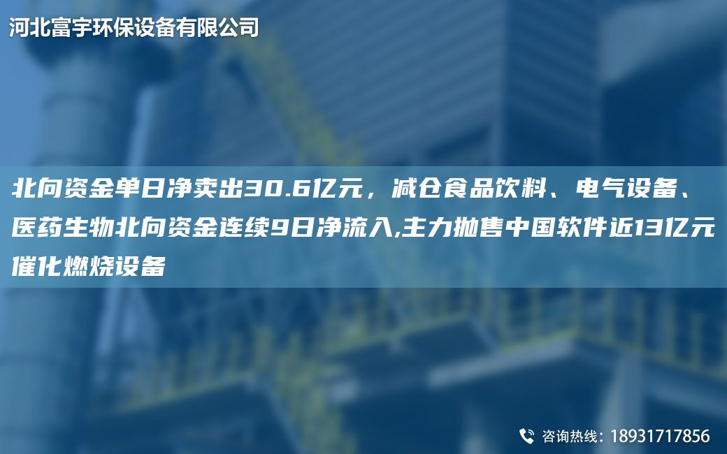 北向資金單日凈賣(mài)出30.6億元，減倉食品飲料、電氣設備、醫藥生物北向資金連續9日凈流入,主力拋售中G軟件近13億元催化燃燒設備